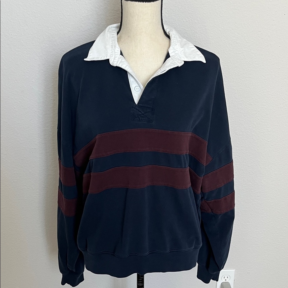 Aritzia TNA Navy Rugby Pullover with Burgundy Stripes